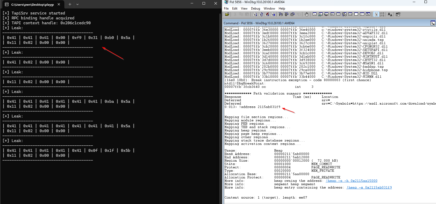 Heap pointer leak — PoC output