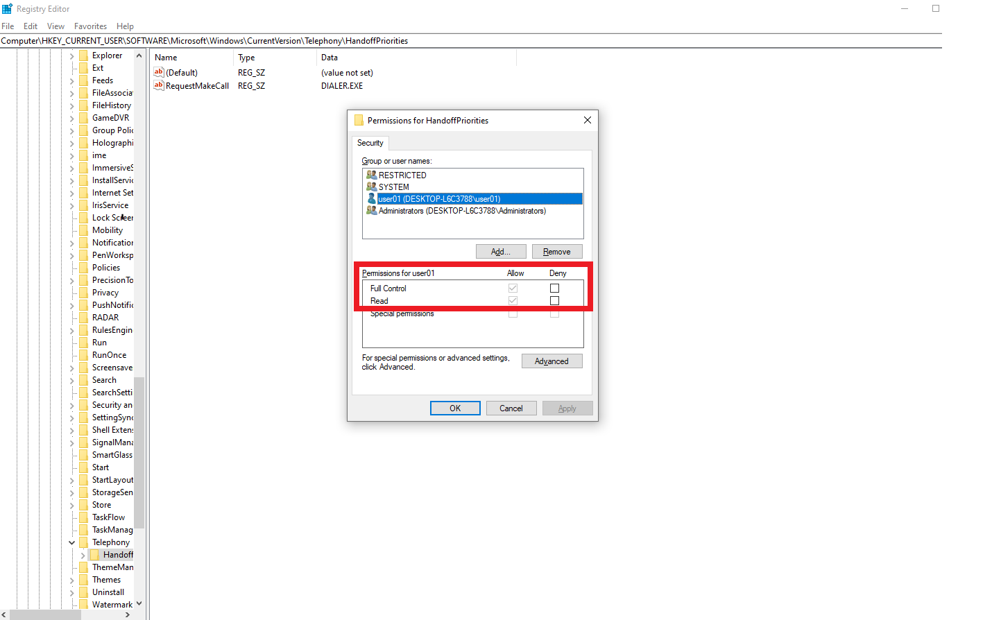 RequestMakeCall registry key privilege