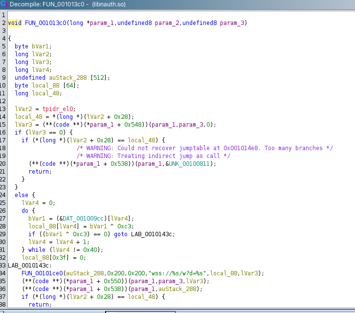 libnauth.so builds the C2 URL, decompiled in Ghidra