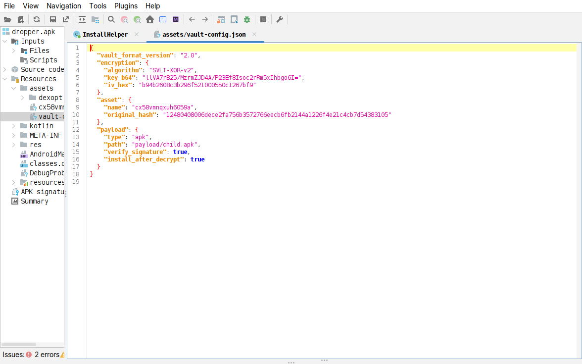 jadx, the dropper’s assets/vault-config.json open in the decompiler: SVLT-XOR-v2 with the base64 key, hex IV, encrypted asset name and the child’s original SHA-256, all in cleartext