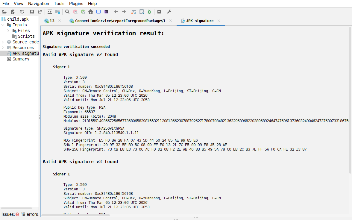 jadx, child APK signature: CN=Remote Control, OU=Dev, O=YuanKong, L=Beijing, C=CN; SHA-256 73cbe8e3730cacfdd208f22eab468bb5495a78c0eb2cb37eff5af0cafe321387