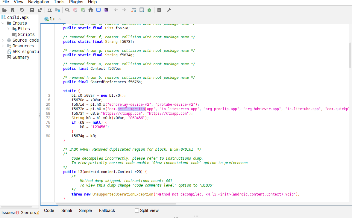jadx, k4.l3 static block: device tags, seed-package list, C2 URL, enrollment 863456