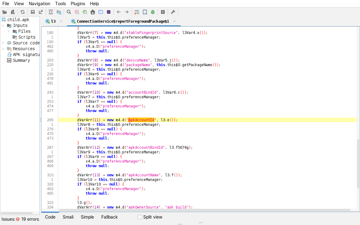 jadx, reportForegroundPackage payload fields, part 2: apkAccountId, apkAccountBindId, apkAccountName, apkOwnerSource