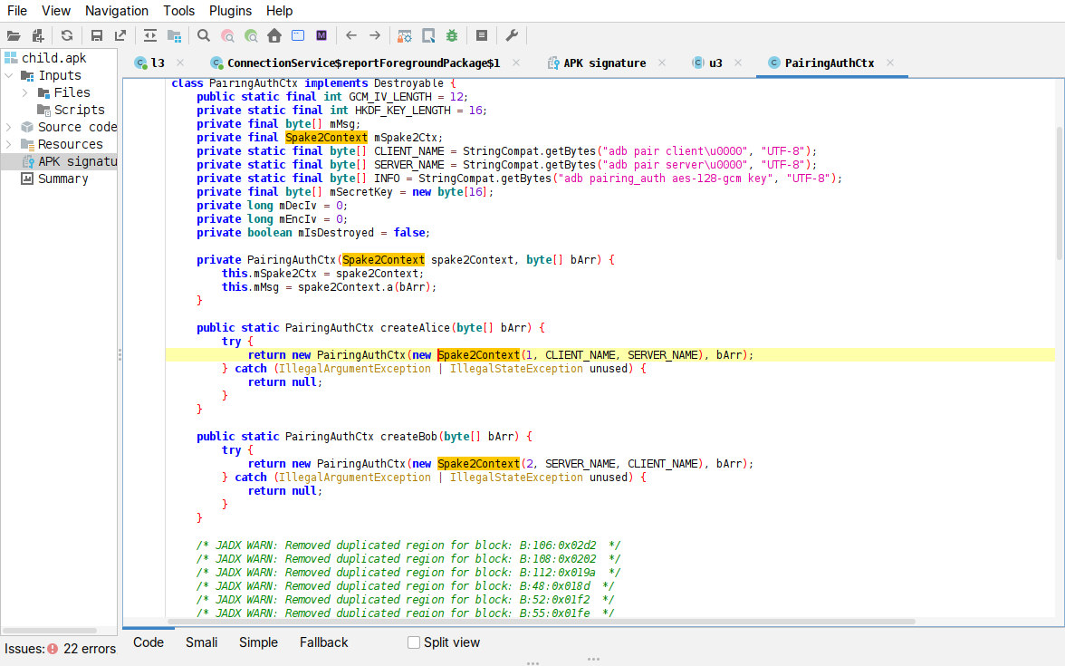 jadx, PairingAuthCtx: the libadb-android adb-pairing code, reused on-device