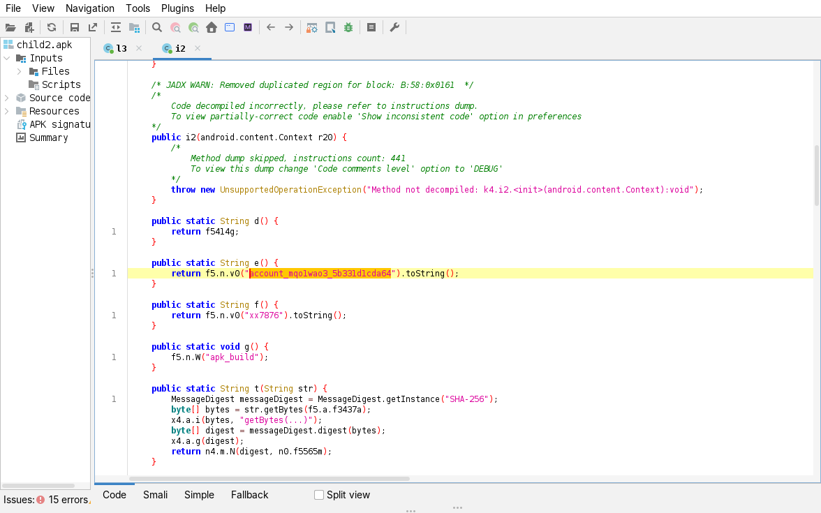 jadx, second sample config class k4.i2: e() returns account_mqo1wao3_5b331d1cda64 and f() returns xx7876, a different operator from the first sample