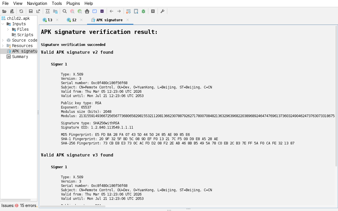 jadx, second sample APK signature: the same CN=Remote Control, O=YuanKong certificate, SHA-256 73CBE8E3…321387, serial 0xc8f480c186f56f68