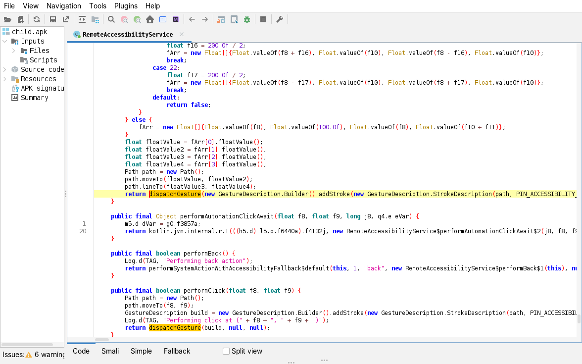 jadx, remote input: performClick builds a Path into a GestureDescription.StrokeDescription and calls dispatchGesture(build, null, null)