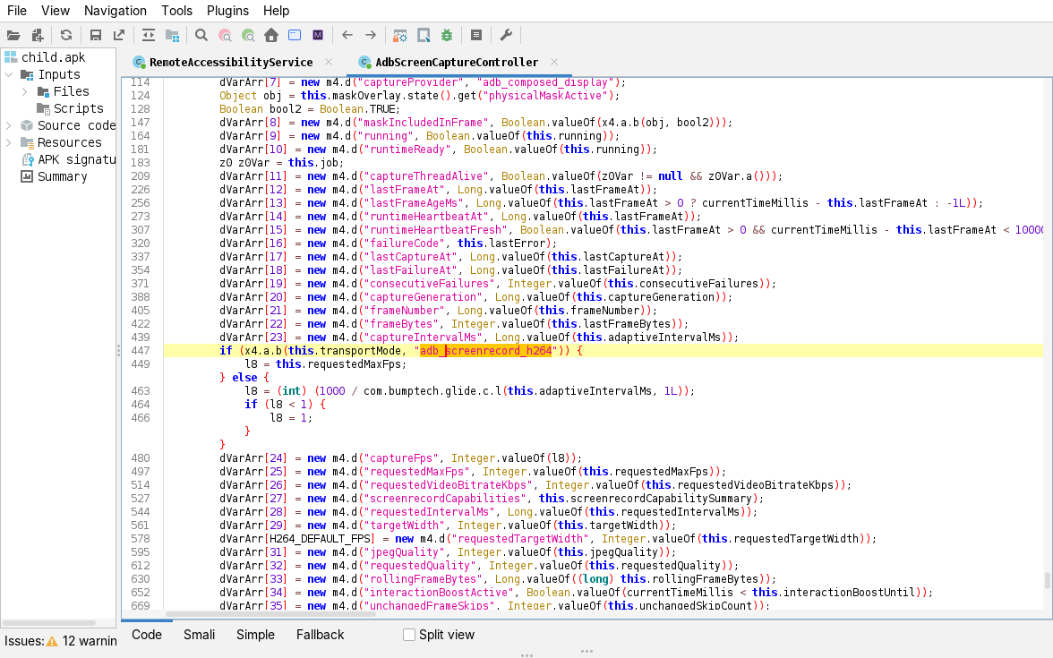 jadx, AdbScreenCaptureController: the adb_screenrecord_h264 transport mode, H264 frame parameters and the physicalMaskActive capture mask