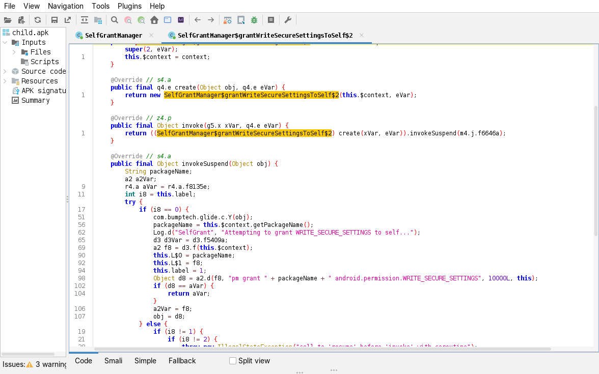 jadx, SelfGrantManager: pm grant android.permission.WRITE_SECURE_SETTINGS executed over the libadb AdbStream
