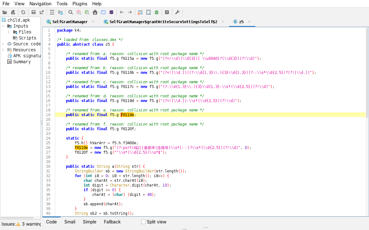 jadx, k4.z5: the six-digit pairing-code regex and the port regexes