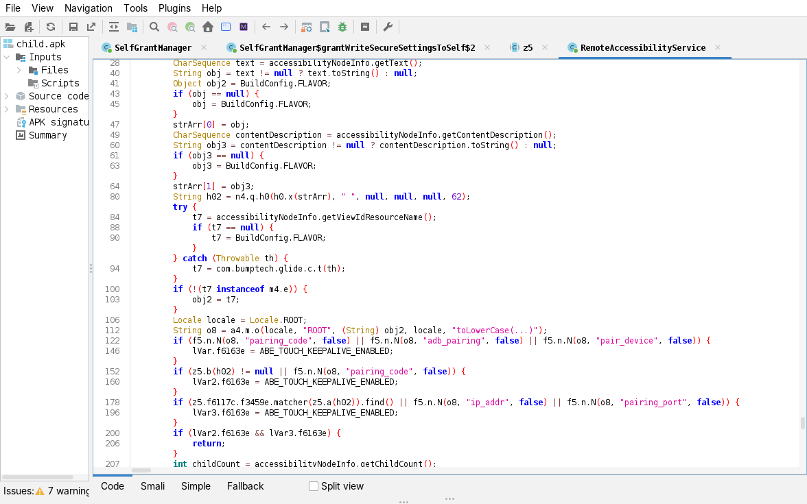 jadx, the node walk: getViewIdResourceName plus the z5 regexes over node text, recursing into every child