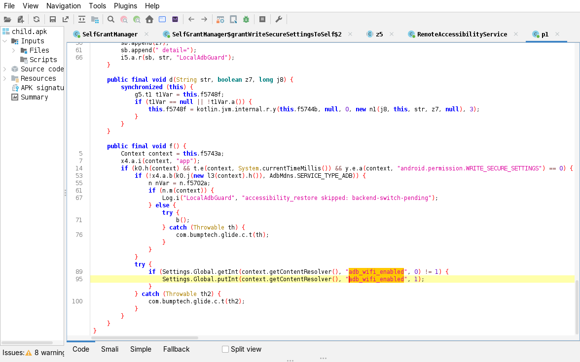 jadx, k4.p1.f (LocalAdbGuard): Settings.Global.putInt(“adb_wifi_enabled”, 1) and AdbMdns.SERVICE_TYPE_ADB discovery