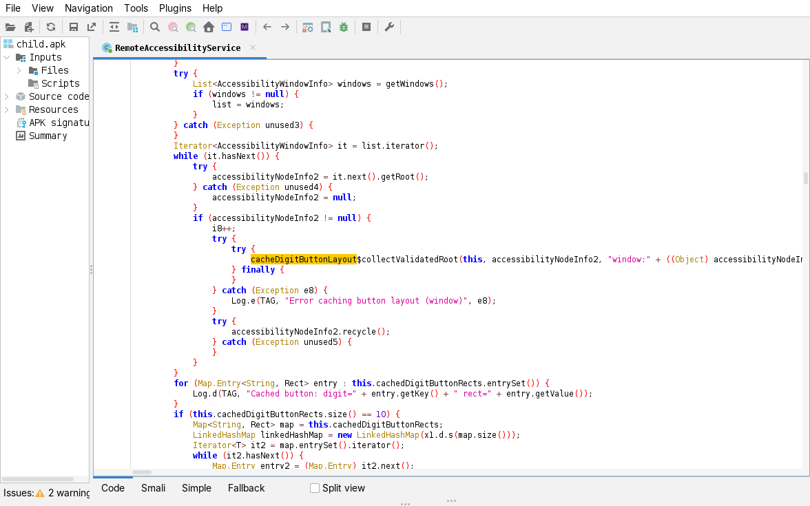 jadx, cacheDigitButtonLayout: builds a digit to on-screen Rect map from the accessibility tree, gated on ten digits