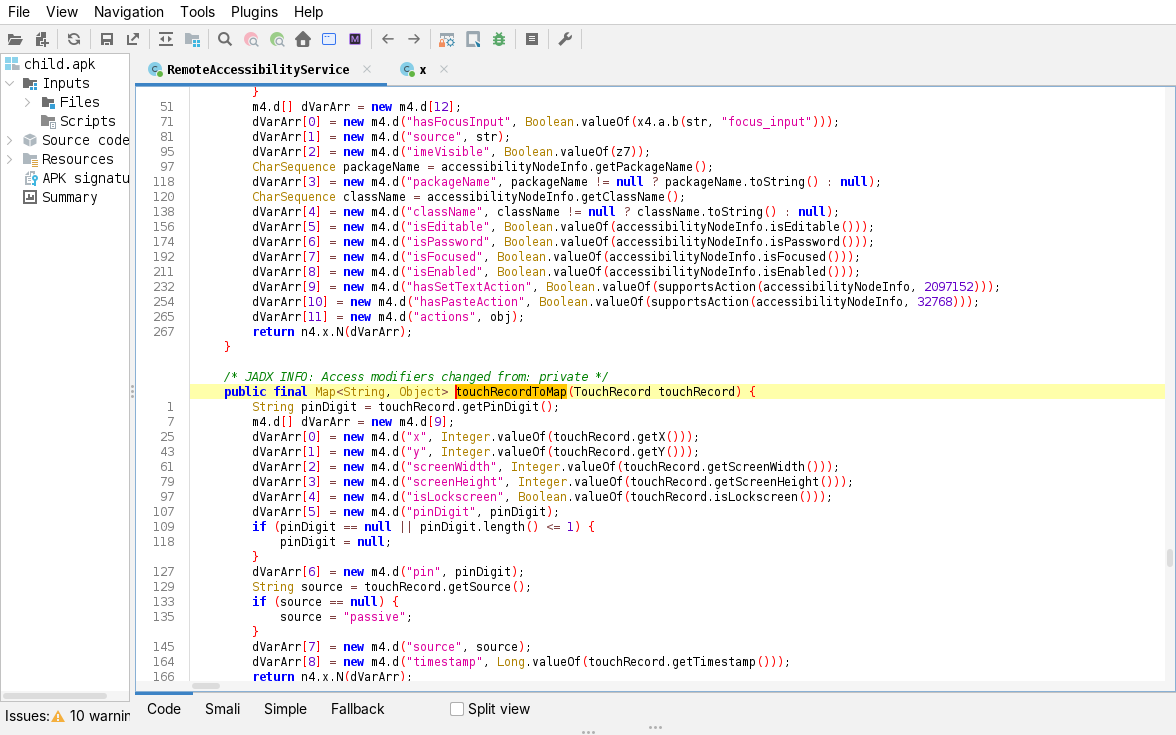 jadx, touchRecordToMap: x, y, screenWidth/Height, isLockscreen, pinDigit, pin, source, timestamp