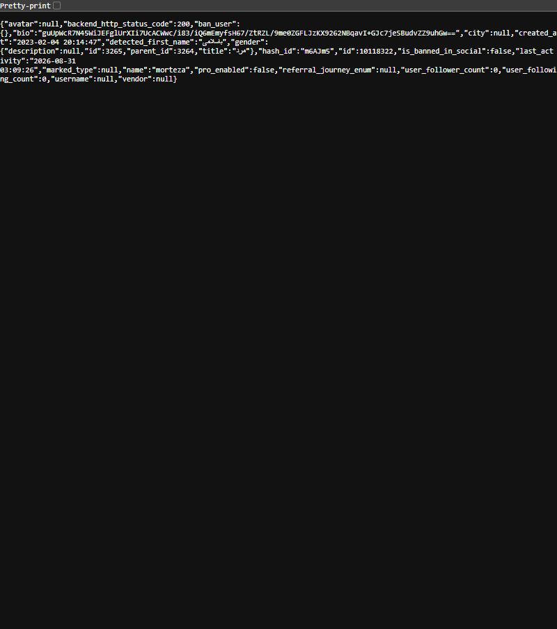 Live Basalam API response for account m6AJm5 showing an empty ban_user and a base64 bio